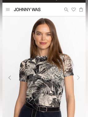 Johnny Was Black & Cream Tropical Leopard Print Short-Sleeve Top